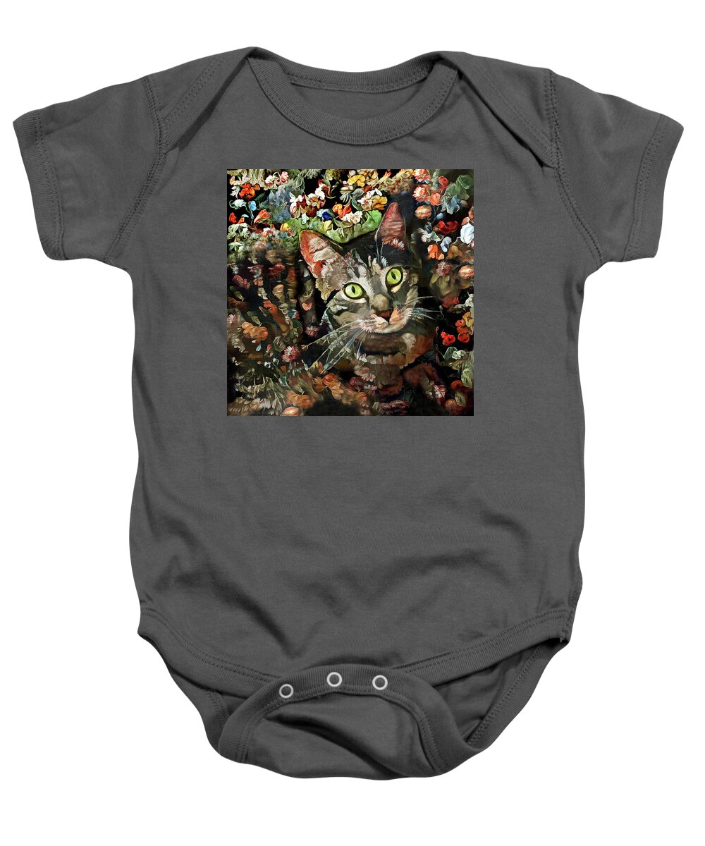Tabby Cat Baby Onesie featuring the digital art Floral Tabby Cat by Peggy Collins