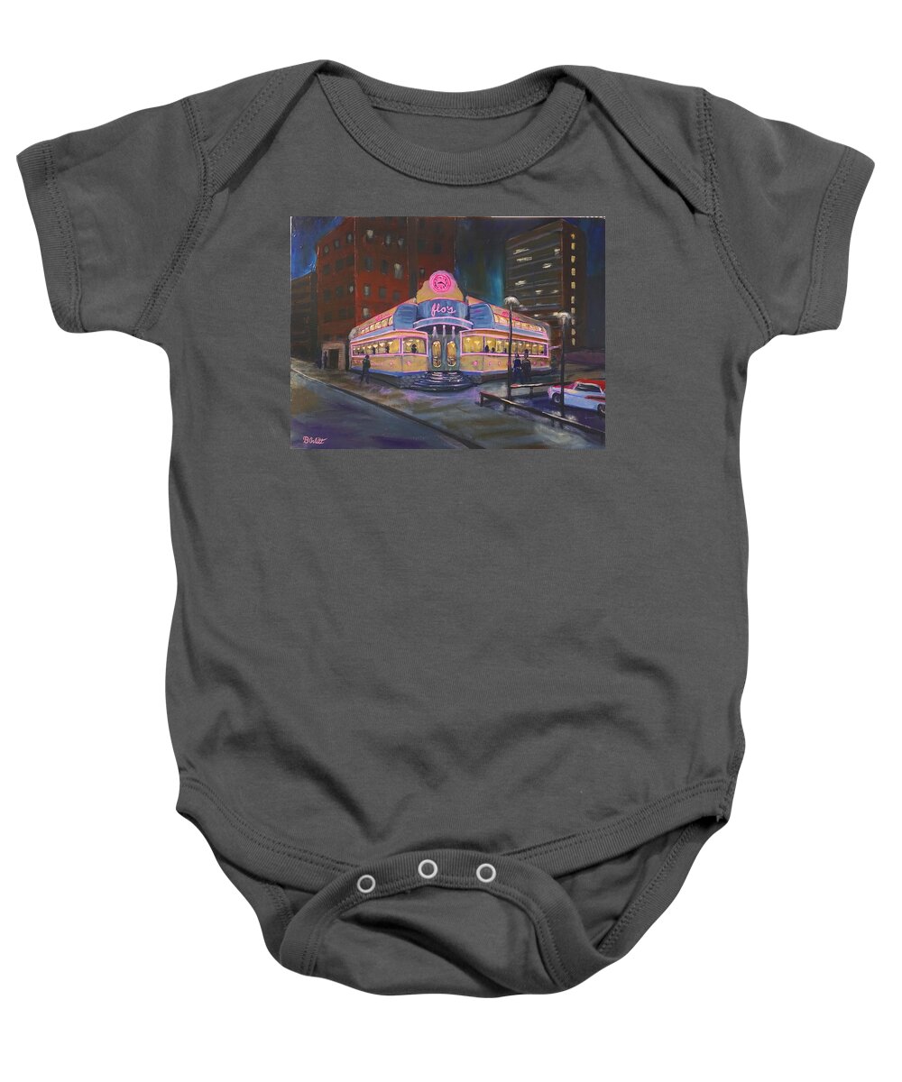 Flos Baby Onesie featuring the painting Flo's Diner Yorkville by Brent Arlitt
