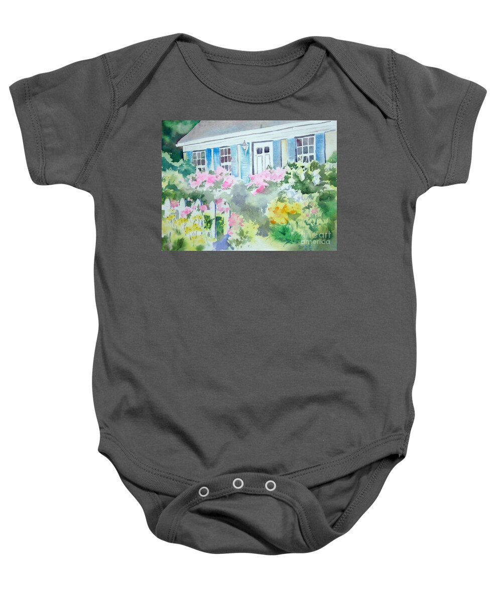 Blue Shutters Baby Onesie featuring the painting Flower Cottage II by Liana Yarckin