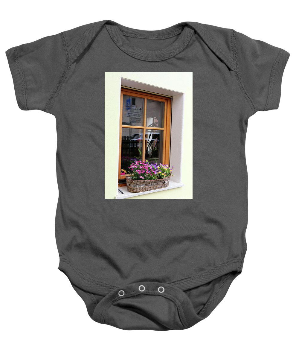 Window Box Baby Onesie featuring the photograph Flowers in Window in Italian Dolomites 8828 by Jack Schultz