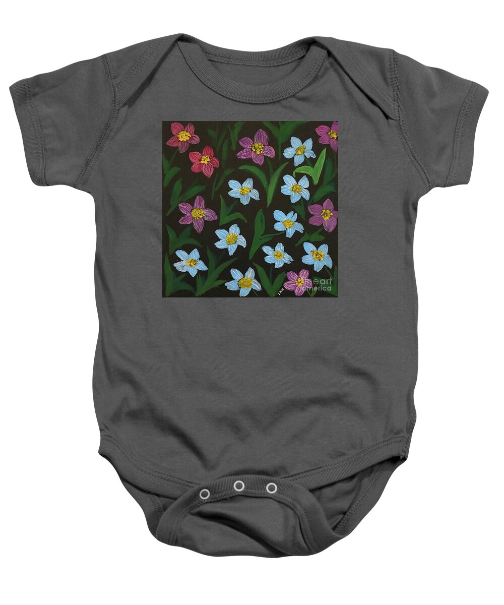 Flowers Baby Onesie featuring the painting Flowers on Black by Lisa Neuman