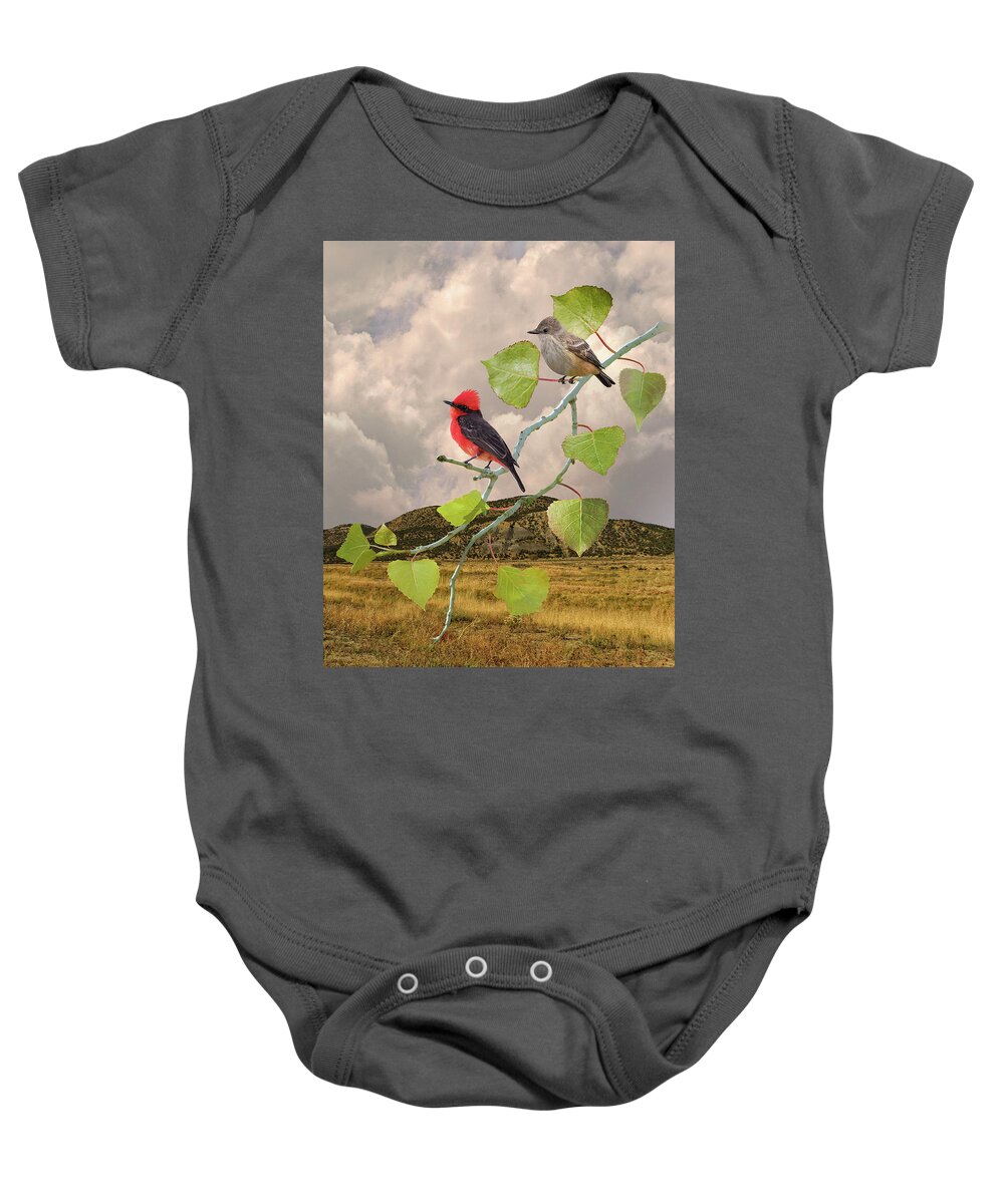 Birds Baby Onesie featuring the digital art Flycatchers and Cottonwood by M Spadecaller