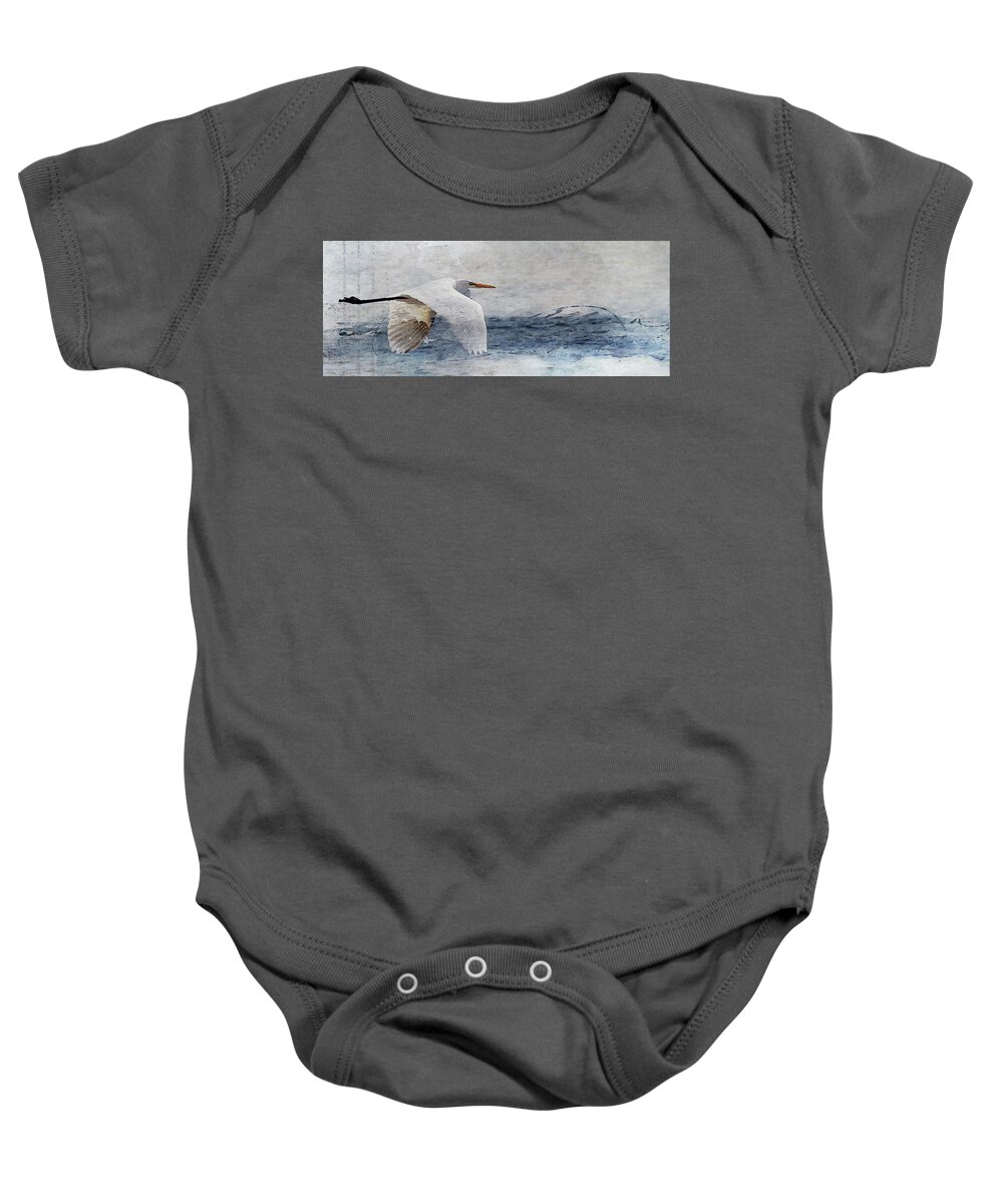 Crane Baby Onesie featuring the photograph Flying White Crane by Rebecca Cozart