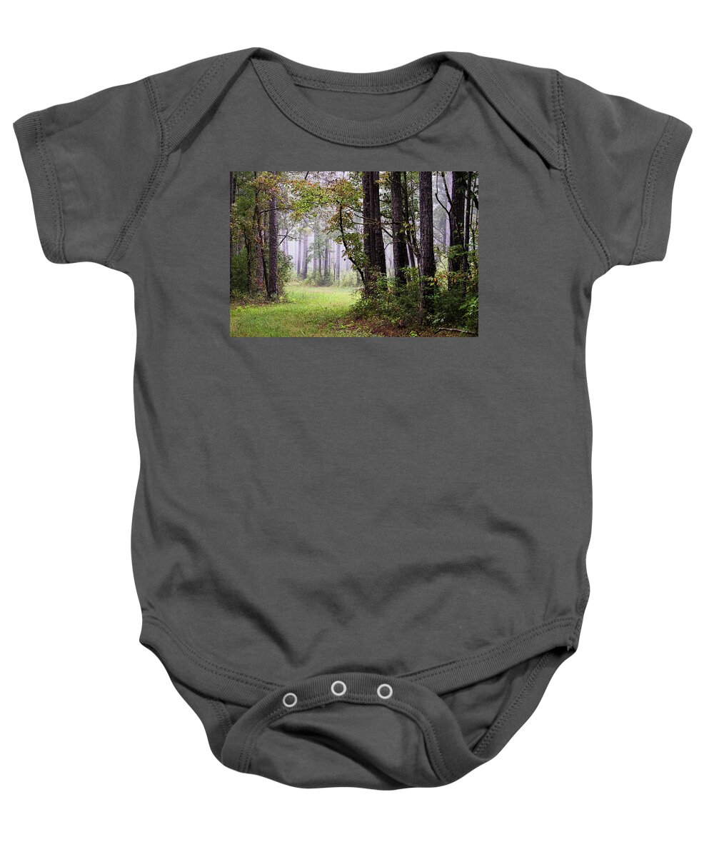 Forest Baby Onesie featuring the photograph Foggy Autumn Morning in the Croatan National Forest by Bob Decker