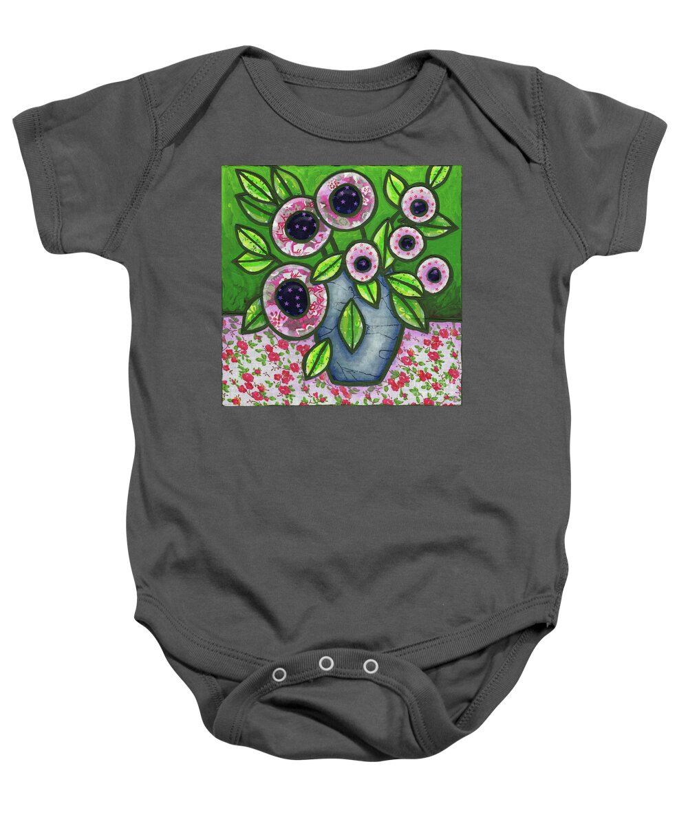 Abstract Baby Onesie featuring the painting Folk Art Flowers In A Vase 2 by Amy E Fraser