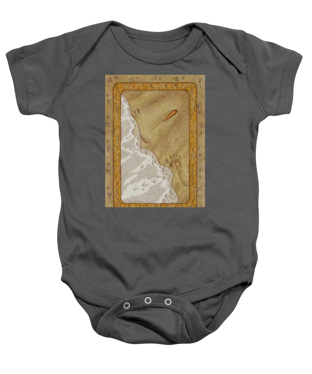 Kim Mcclinton Baby Onesie featuring the painting Washed Away- Footprints, Foam, and Fate by Kim McClinton