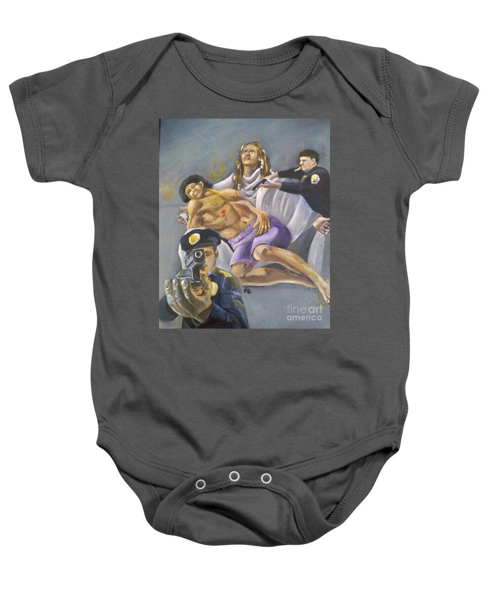 Pieta Baby Onesie featuring the painting For They Know Not by Saundra Johnson