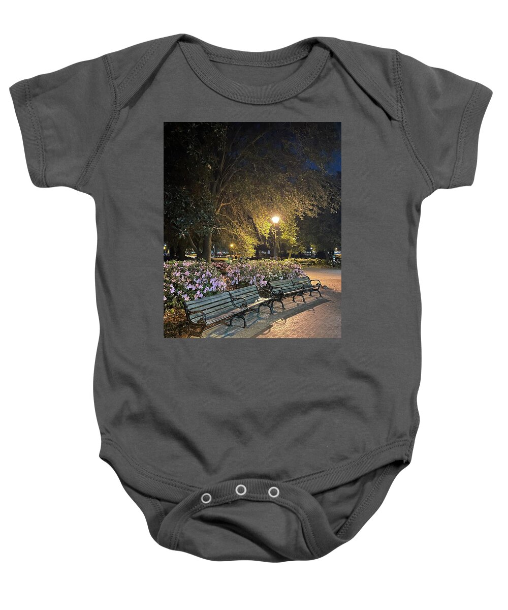 Park Baby Onesie featuring the photograph Forsyth Benches by Barbara Von Pagel