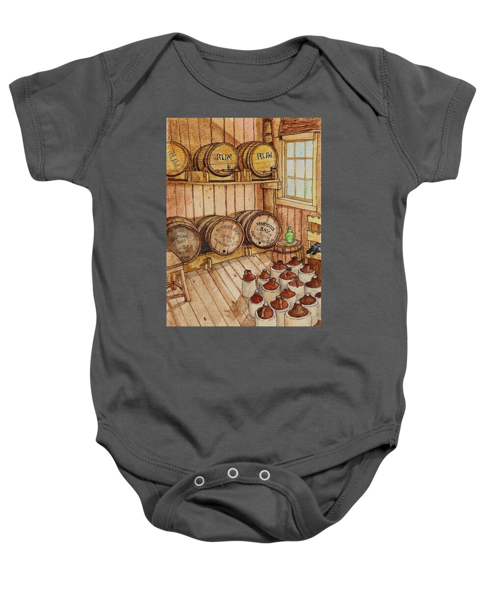 Barrels Baby Onesie featuring the painting Fort Edmonton barrels by Lisa Mutch
