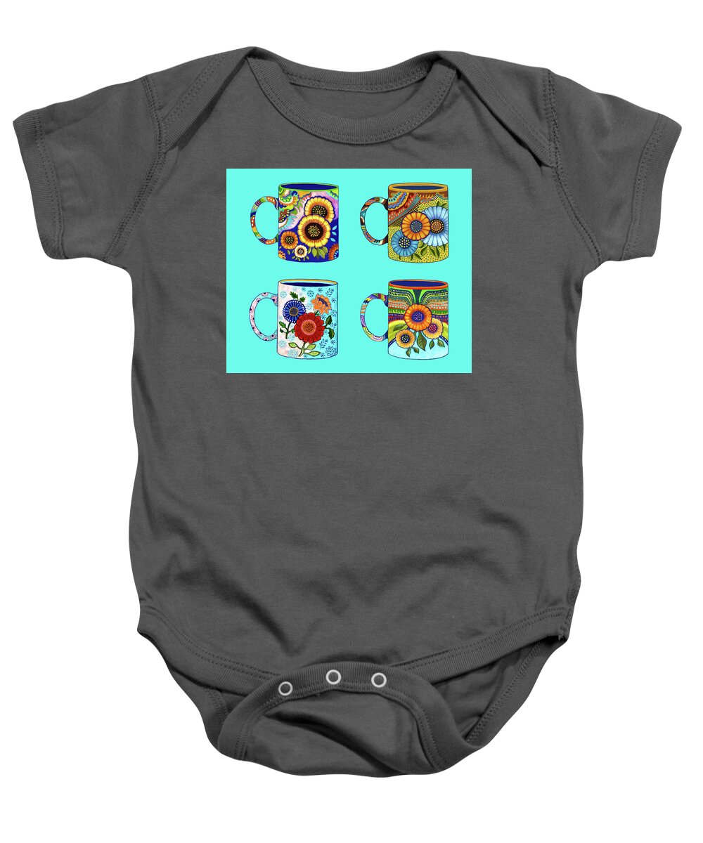 Coffee Cup Baby Onesie featuring the drawing Four Flower Coffee Cups/Mugs, Mexican Style, on Blue by Lorena Cassady