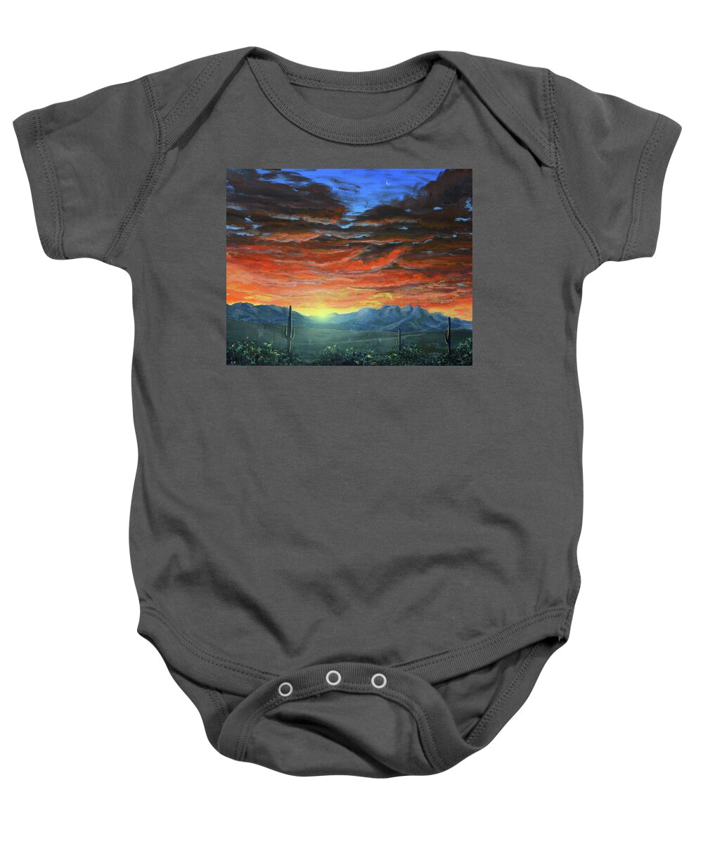 Four Peaks Baby Onesie featuring the painting Four Peaks Sunrise by Chance Kafka