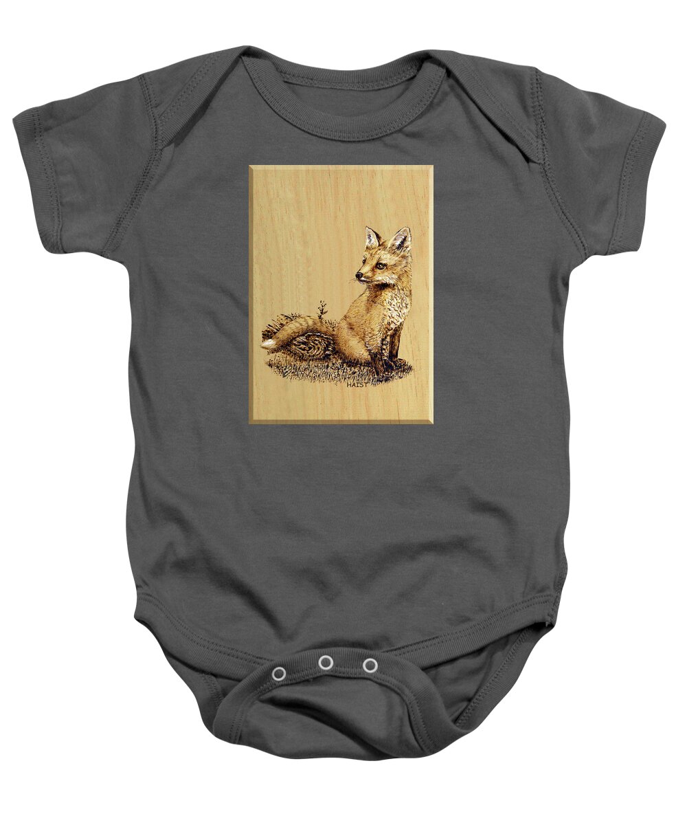 Fox Baby Onesie featuring the pyrography Fox Pup by R Murrey Haist