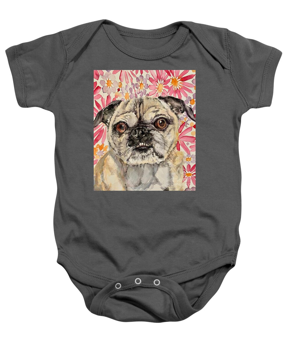 Pug Baby Onesie featuring the painting French Bulldog by Liana Yarckin