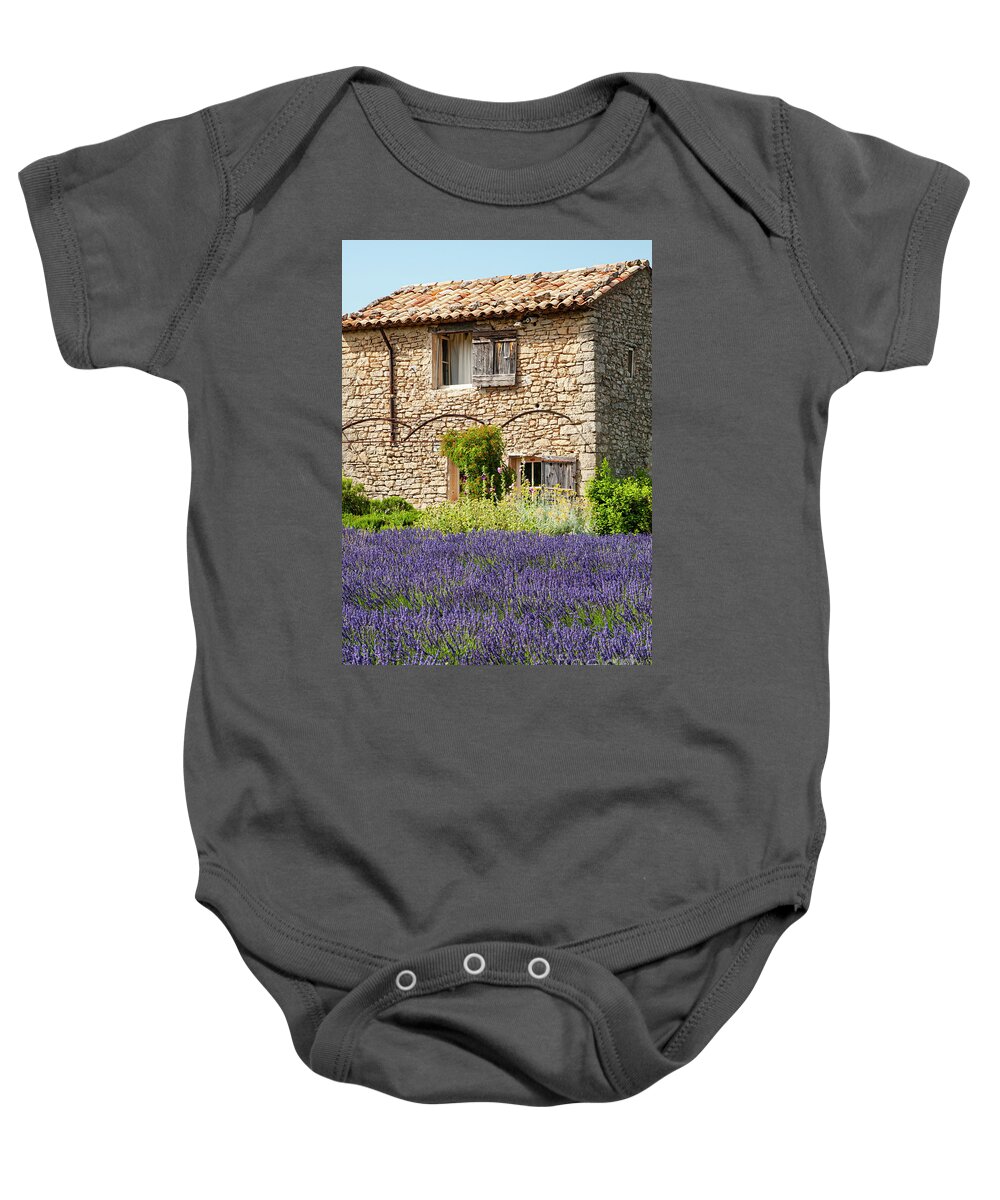Saignon Baby Onesie featuring the photograph French Stone Farmhouse on a Lavender Farm Three by Bob Phillips