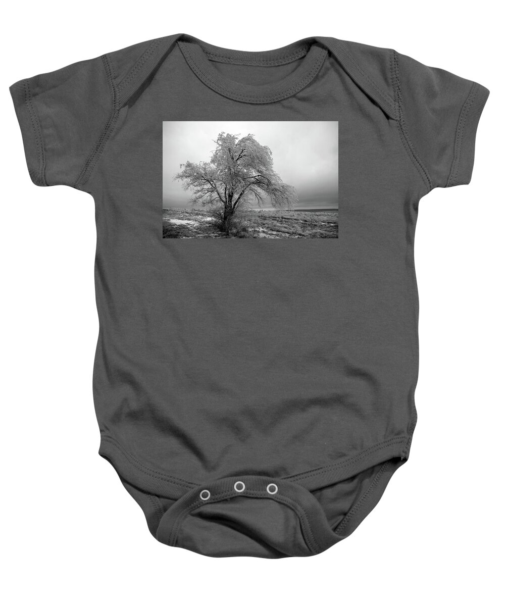 Frozen Baby Onesie featuring the photograph Frozen Tree-Black and White by Steve Templeton