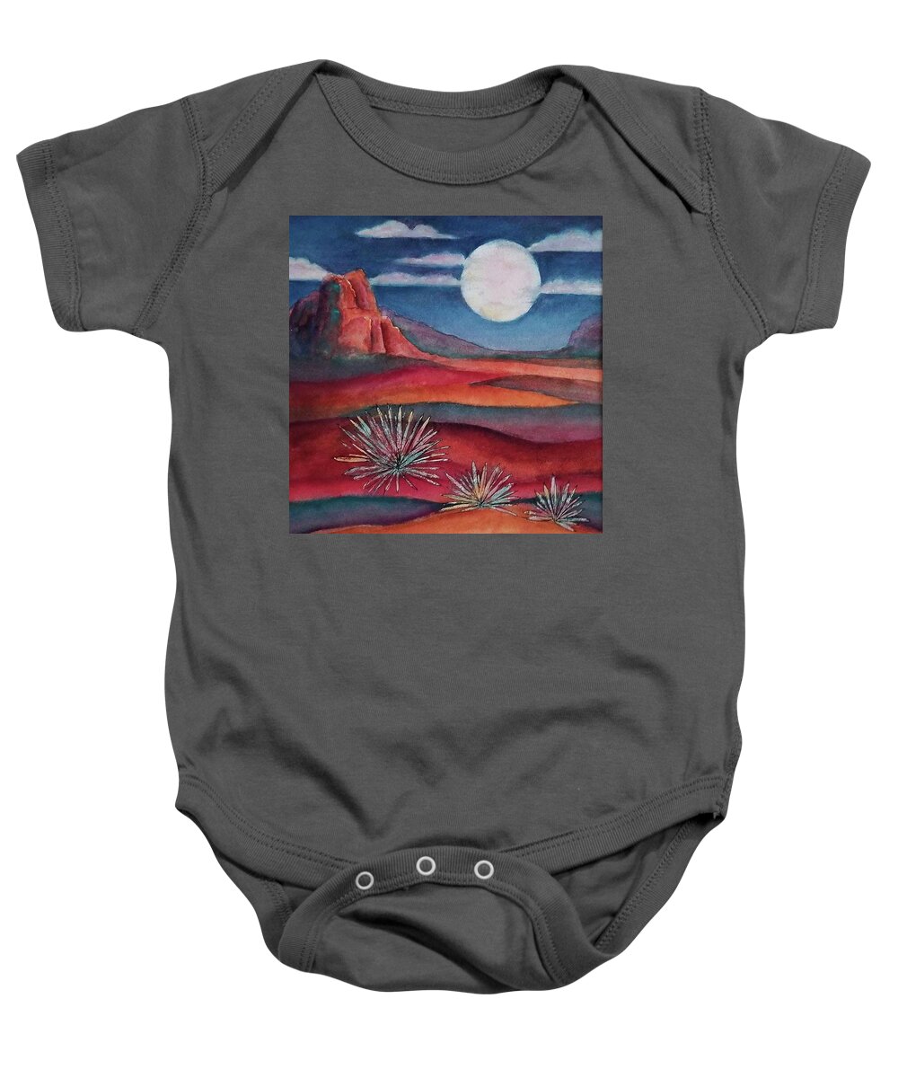 Landscape Baby Onesie featuring the mixed media Full Desert Moon by Terry Ann Morris