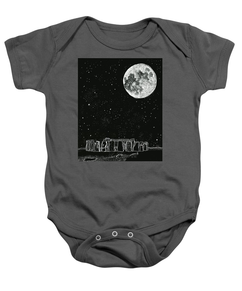 Moon Baby Onesie featuring the drawing Full moon over Stonehenge by Branwen Drew