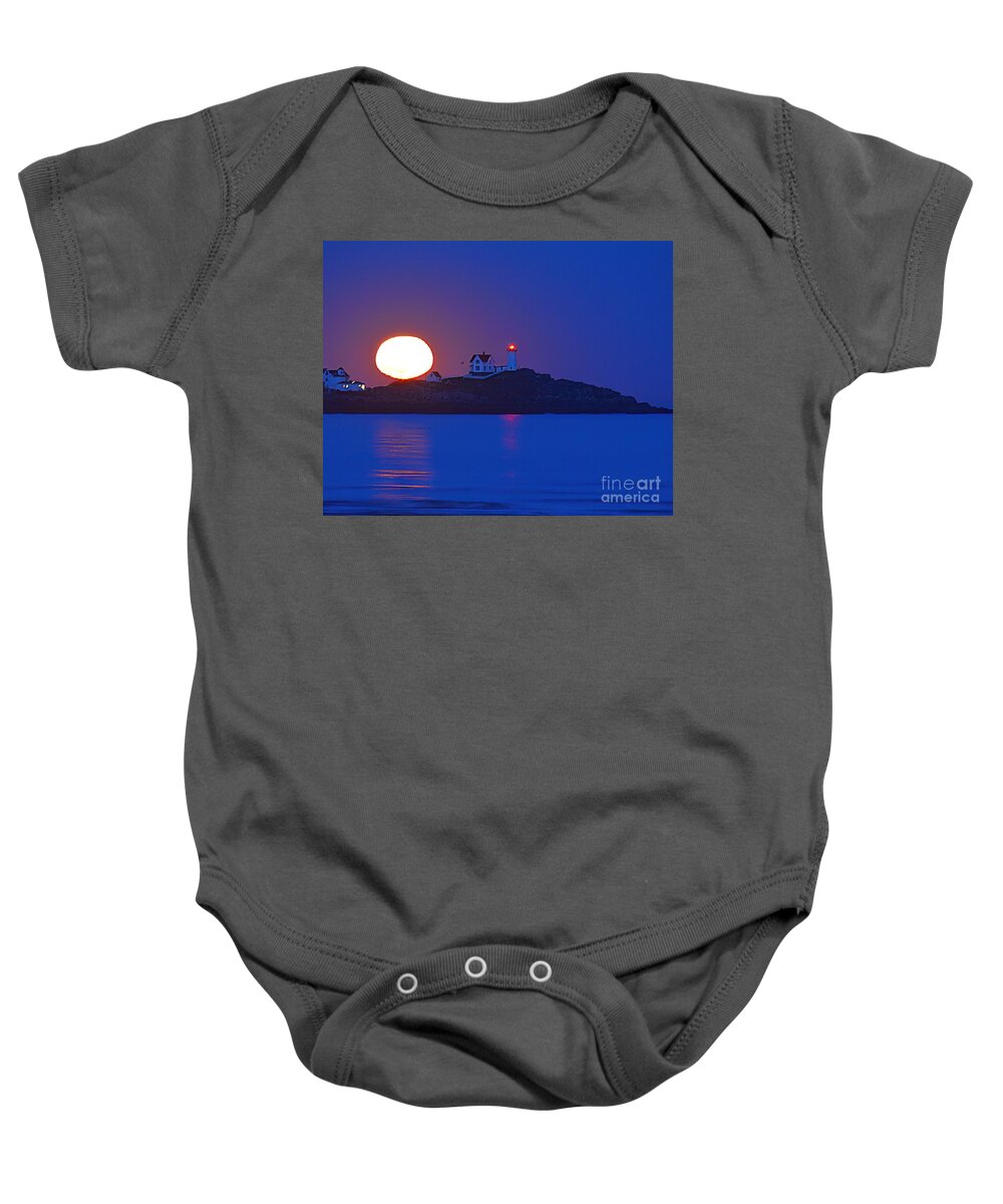 Cape Neddick Lighthouse Baby Onesie featuring the photograph Full Moon Over the Nubble by Steve Brown