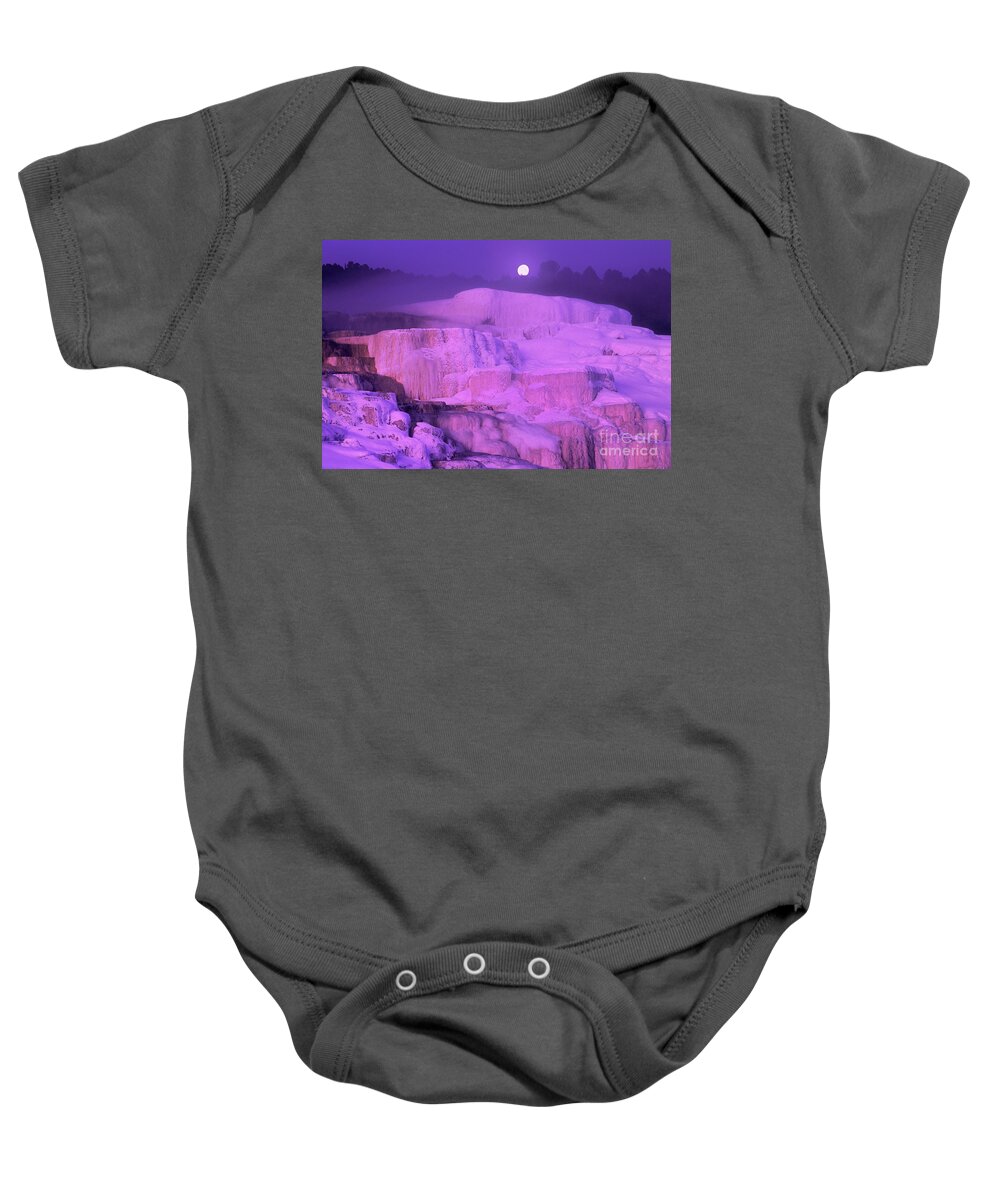North America Baby Onesie featuring the photograph Full Moon Sets over Minerva Springs on a Winter Morning Yellowstone National Park by Dave Welling