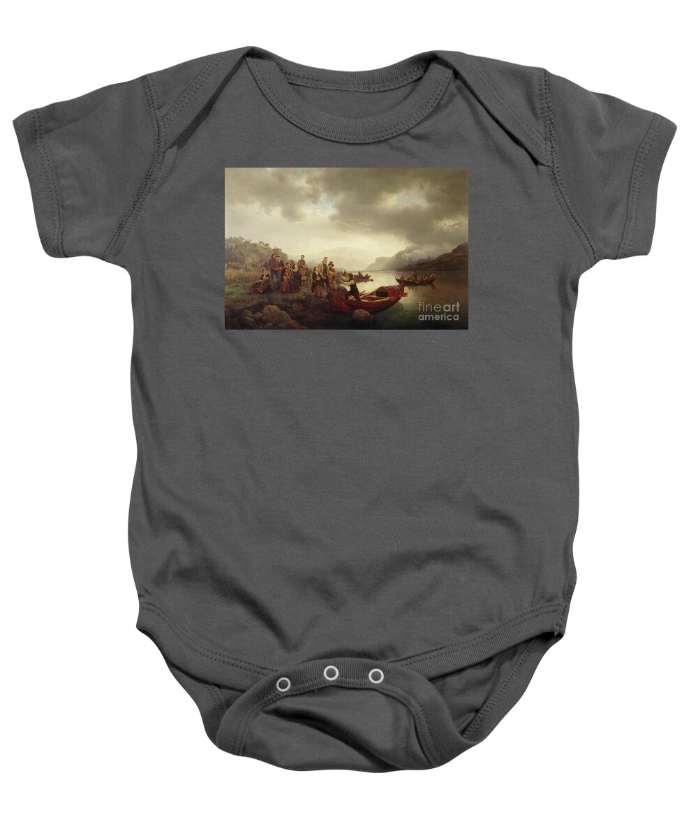Hans Gude Baby Onesie featuring the painting Funeral on Sognefjord, 1853 by O Vaering by Hans Gude and Adolph Tidemand