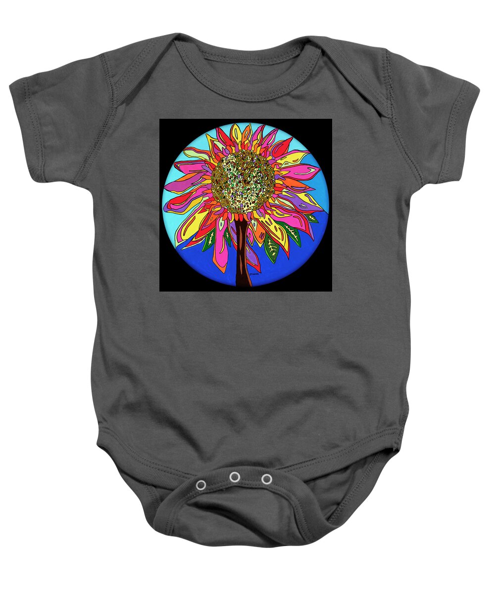 Flower Psychedelic Colorerful Pop Art Baby Onesie featuring the painting FunFlower by Mike Stanko