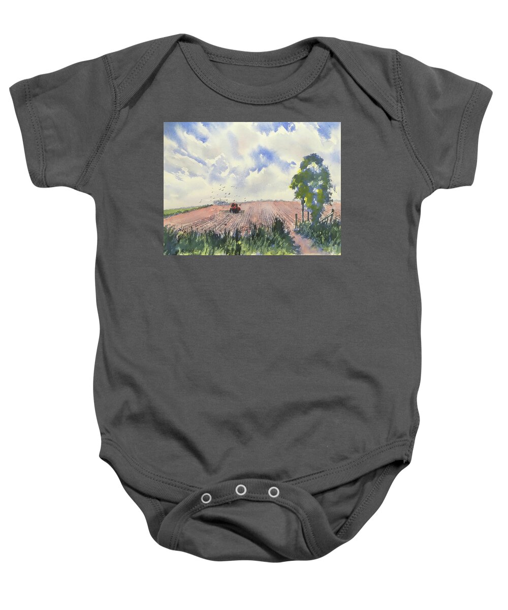 Watercolour Baby Onesie featuring the painting Furrows and Gulls by Glenn Marshall