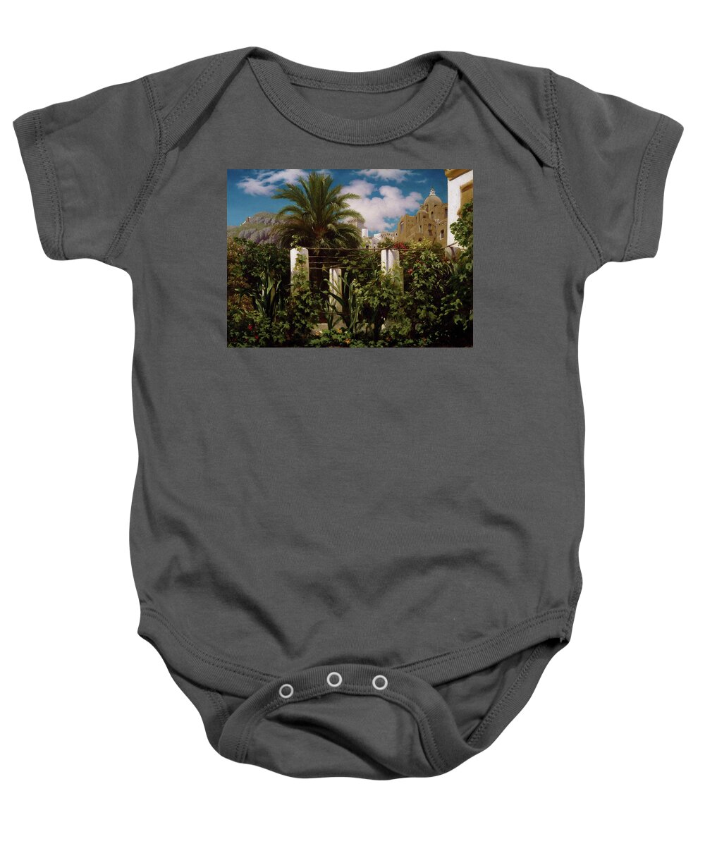 Pre-raphaelite Painters Baby Onesie featuring the painting Garden of an Inn, Capri, 1859 by Frederic Leighton
