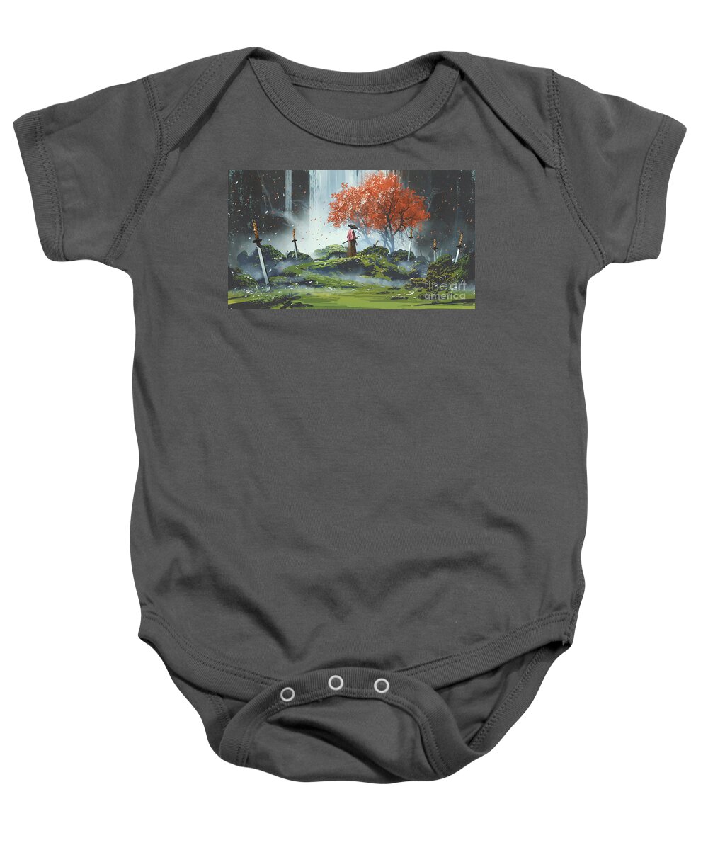 Illustration Baby Onesie featuring the painting Garden Of The Katana Swords by Tithi Luadthong