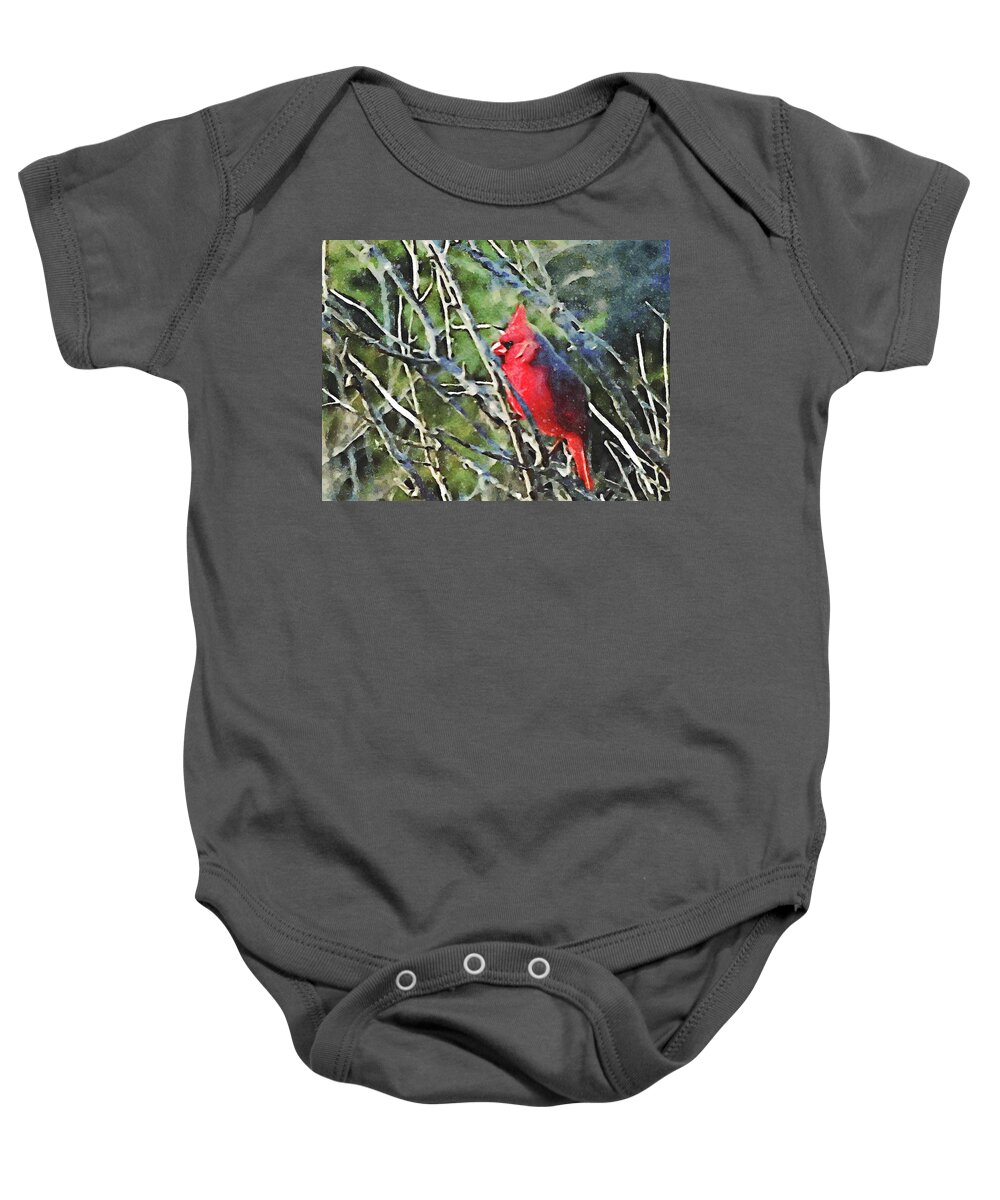 Redbird Baby Onesie featuring the mixed media Garden Redbird with Branches by Shelli Fitzpatrick