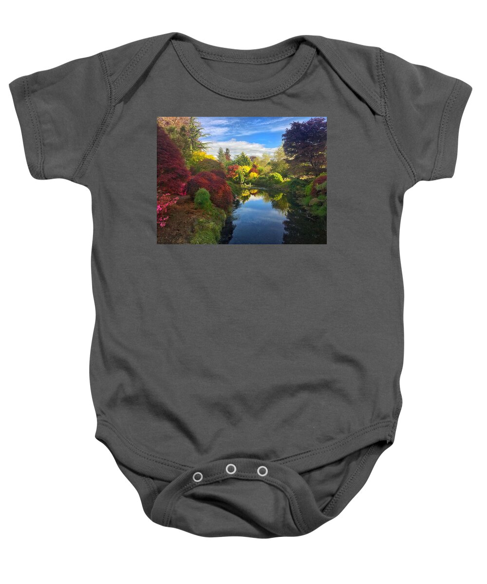 Sunset Baby Onesie featuring the photograph Garden Reflections at Sunset by Jerry Abbott