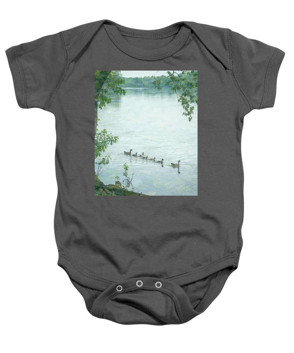 Geese Baby Onesie featuring the photograph Geese on the Cedar River Iowa by Mary Lee Dereske