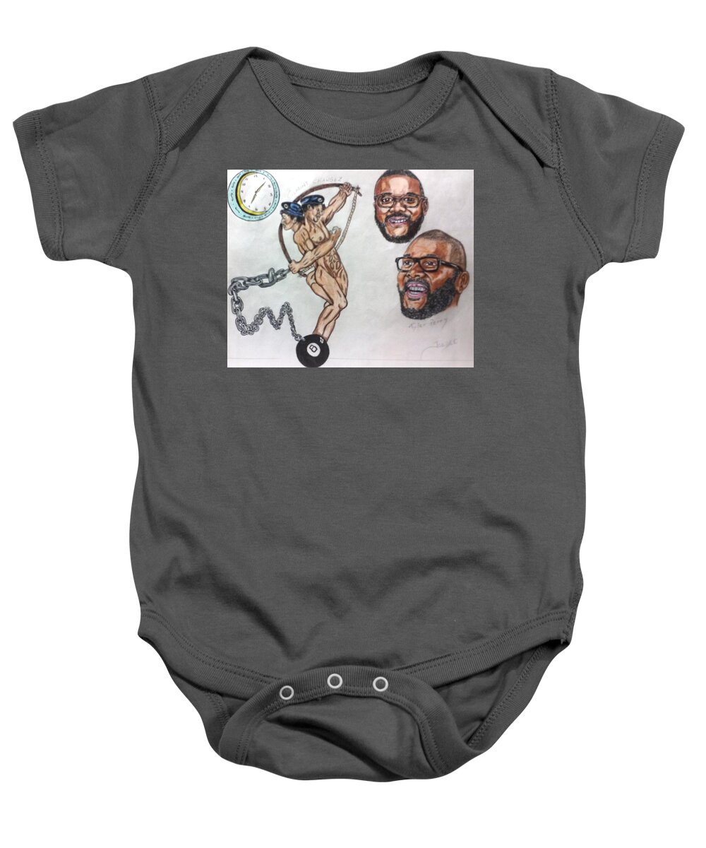 Black Art Baby Onesie featuring the drawing Gemini featuring Tyler Perry by Joedee