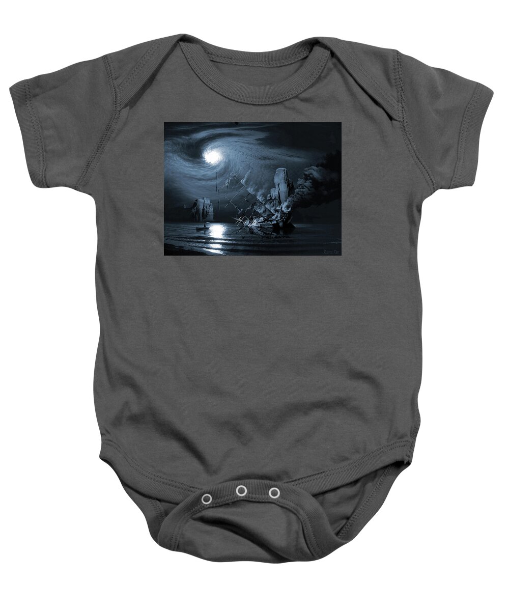 Legend Myth Saga Legend Boats Stories Fact Or Fiction Tall Tale Moonlight Vessel Yacht Phantom Flames Ocean Dark Examples Of Legends Examples Of Myths Baby Onesie featuring the digital art Ghost ship series The birth of the legend by George Grie