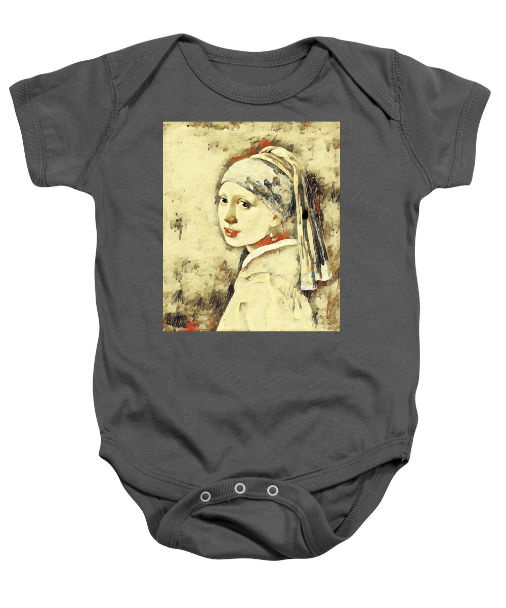 Girl With A Pearl Earring Baby Onesie featuring the digital art Girl with a Pearl Earring by Johannes Vermeer - vanilla and double colonial white by Nicko Prints