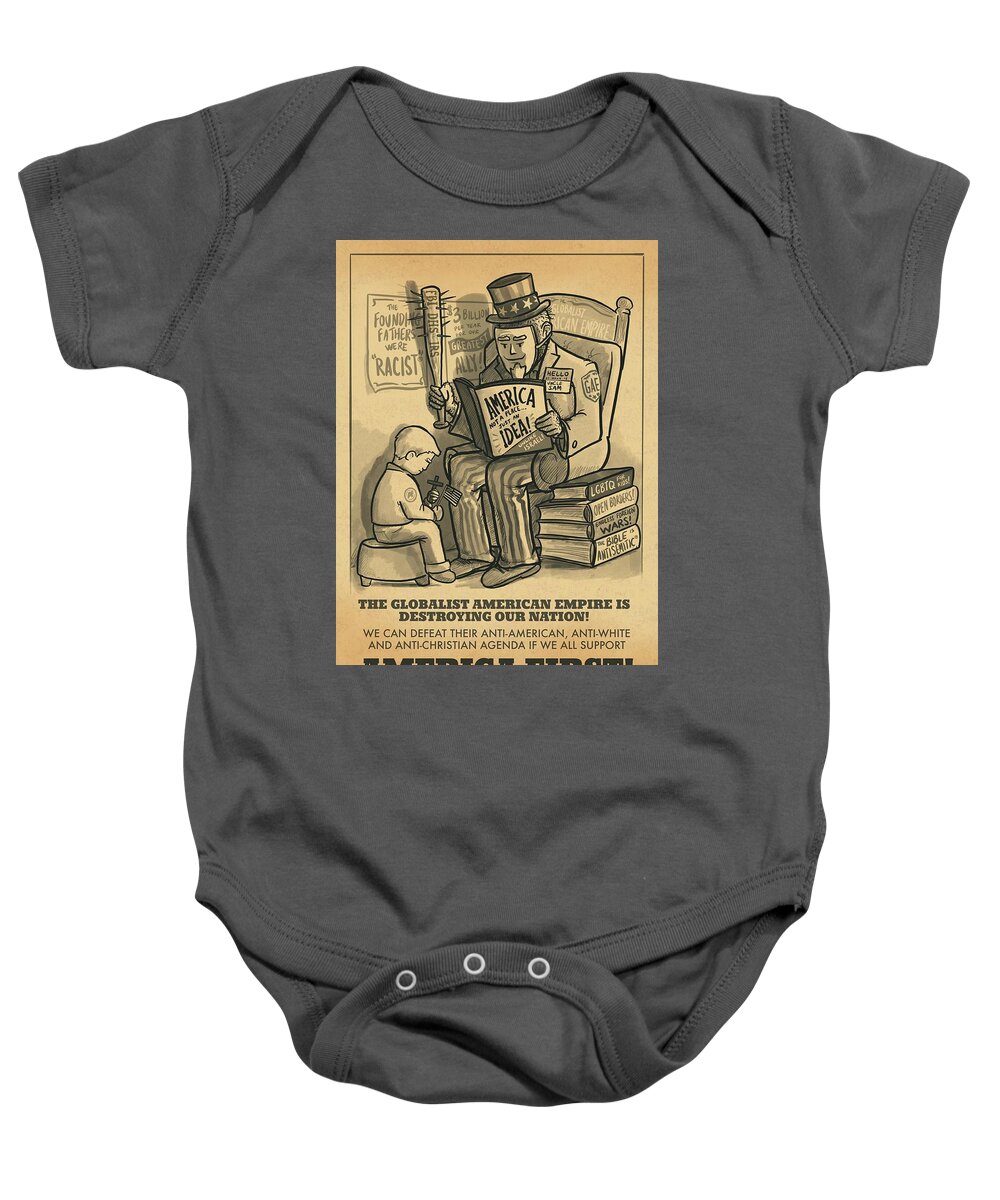 America First Baby Onesie featuring the digital art Globalist American Empire vs America First by Emerson Design