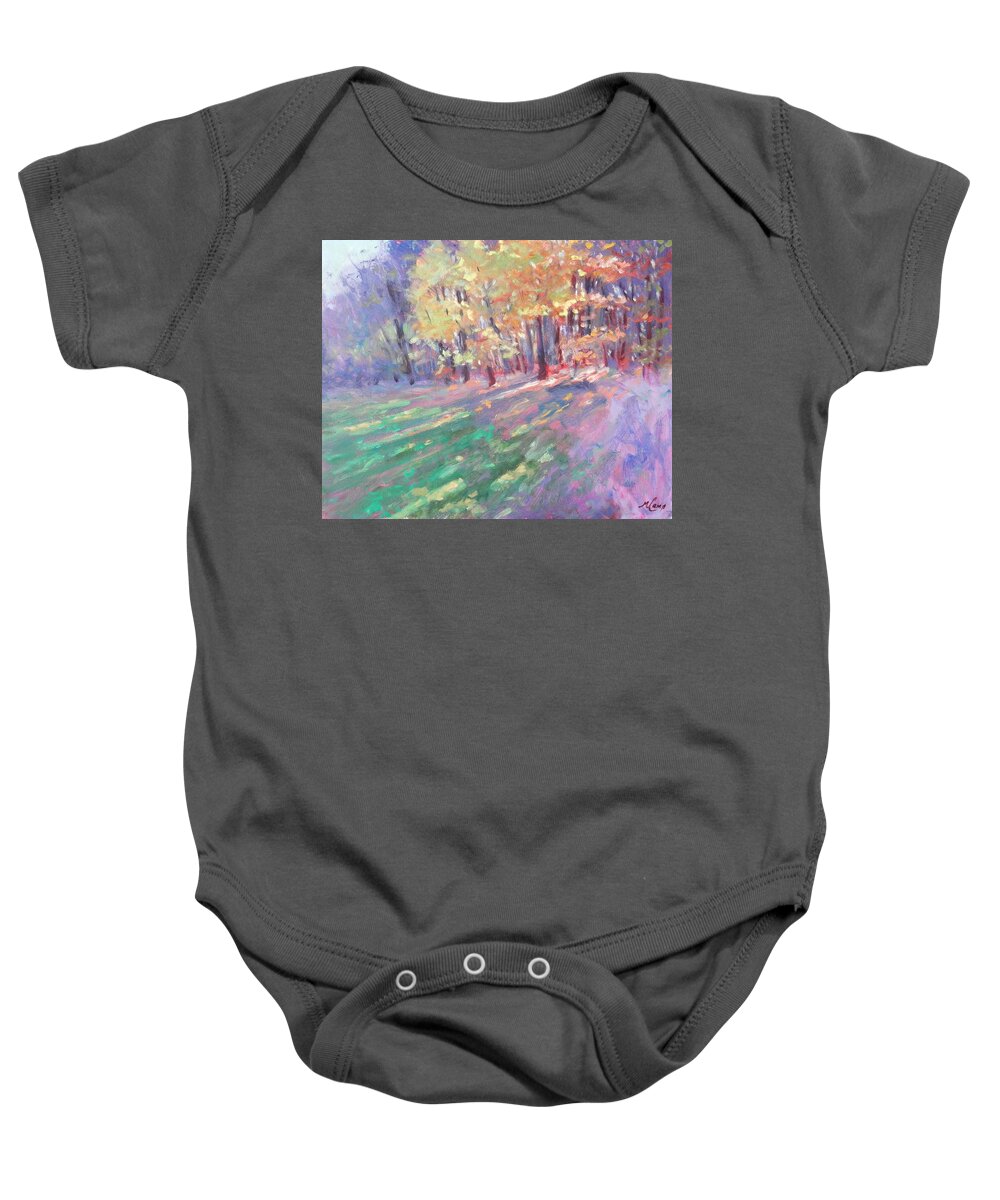Glow; Autumn; Trees; Sun; Sunshine; Shadows; Fall; Abstract; Leaves; Foliage; Grass; Yellow; Orange; Blue; Green; Purple; Violet; Sky; Forest; Pennsylvania Baby Onesie featuring the painting Glow of Autumn by Michael Camp