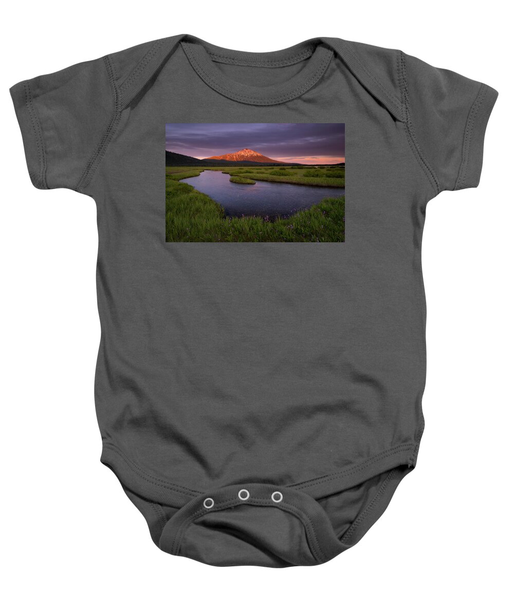 Landscape Oregon Bachelor Mountains River Flowers Wildflowers Baby Onesie featuring the photograph Glowing Bachelor by Andrew Kumler