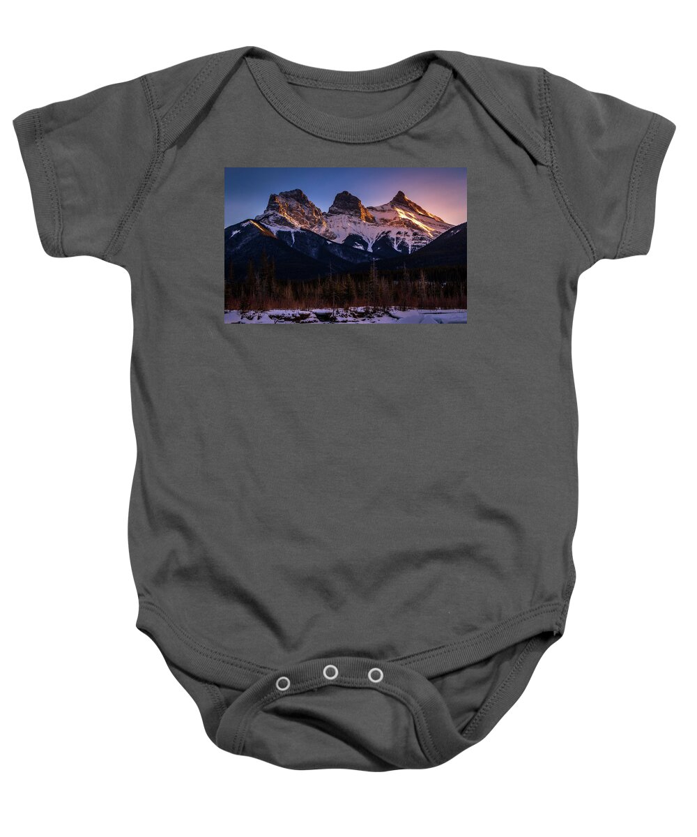 Mountain Baby Onesie featuring the photograph Glowing Three Sisters in Canmore by Martin Pedersen
