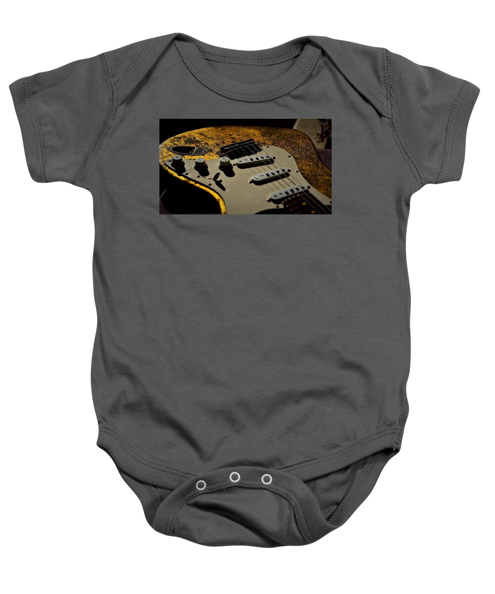 Fender Baby Onesie featuring the photograph Fender Stratocaster Gold Leaf Relic Electric Guitar Music by Guitarwacky Fine Art