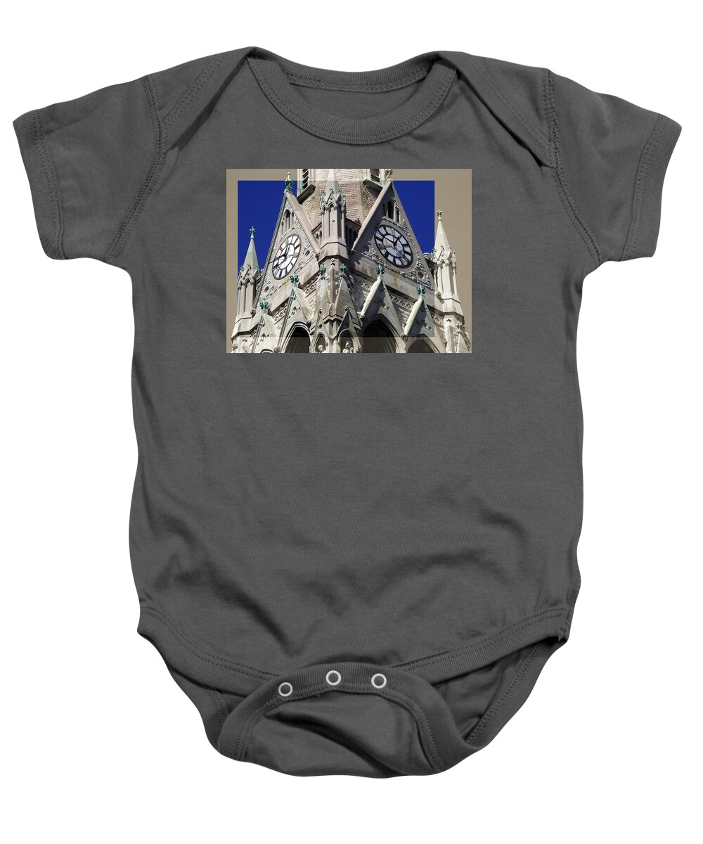 Architecture Baby Onesie featuring the photograph Gothic Church Clock Tower Spire by Patrick Malon