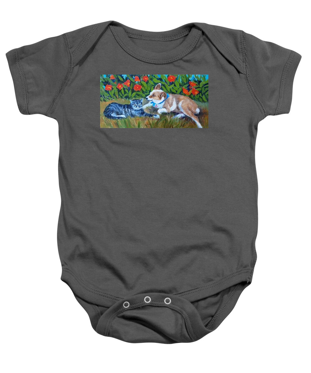 Pet Portrait Baby Onesie featuring the painting Gracie and Chau Chau by Marian Berg