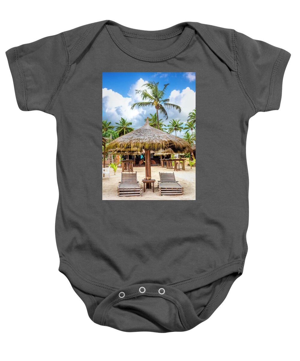 African Baby Onesie featuring the photograph Grass Umbrellas on the Beach by Debra and Dave Vanderlaan