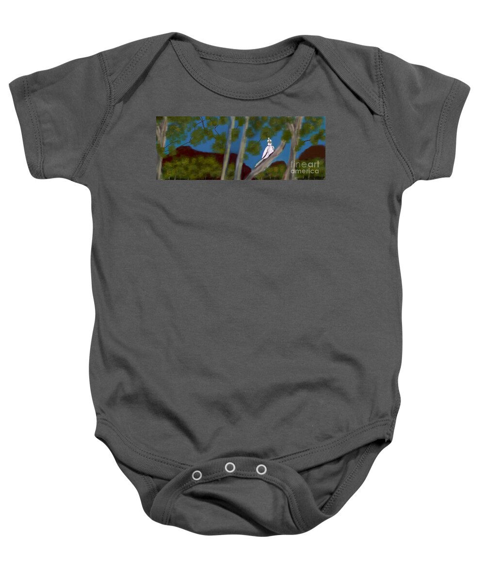 Aussie Baby Onesie featuring the digital art Great Aussie Bush Bird name Eddie by Julie Grimshaw