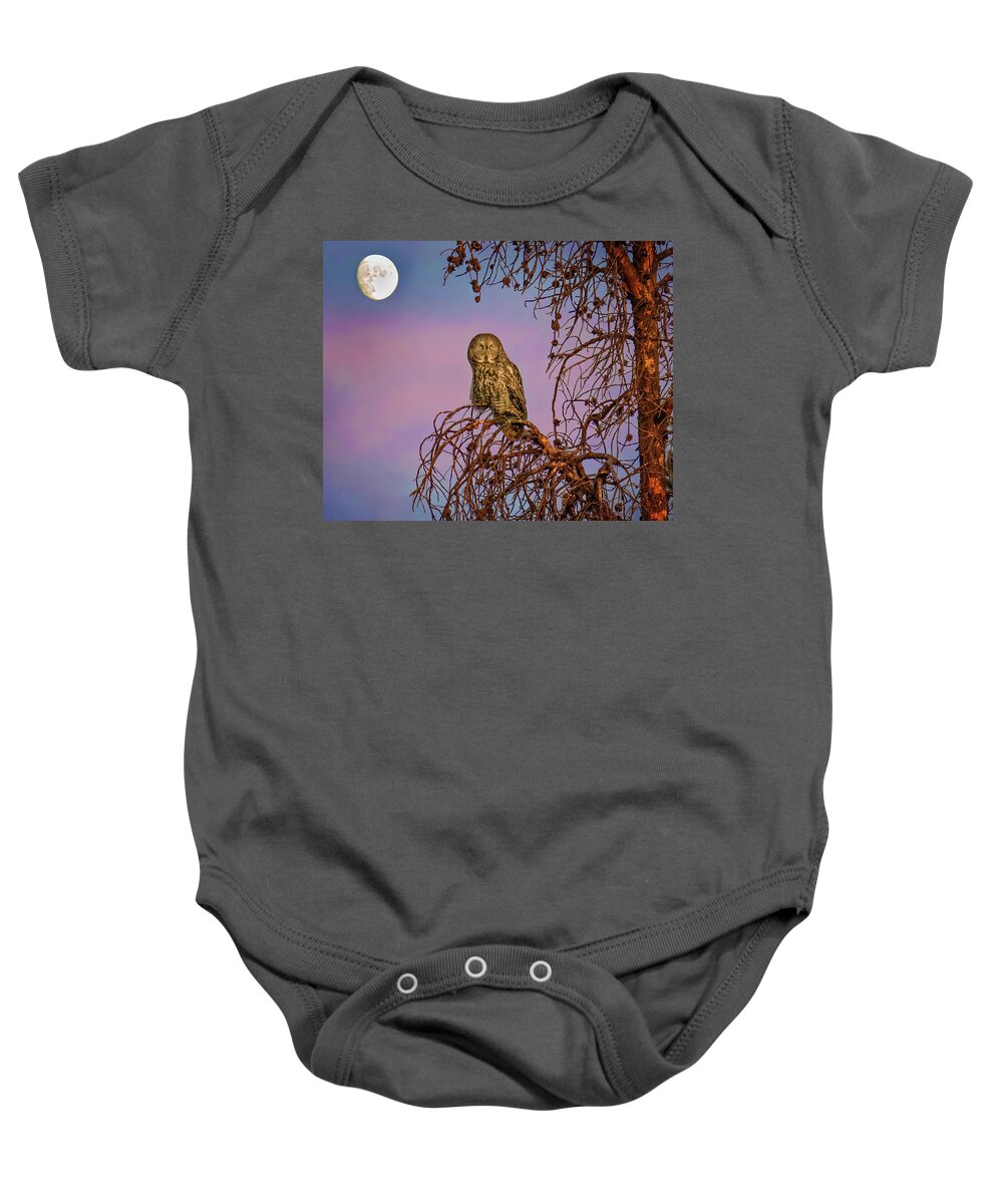 Great Gray Owls Baby Onesie featuring the photograph Great Gray Owl in the Moonlight by Judi Dressler