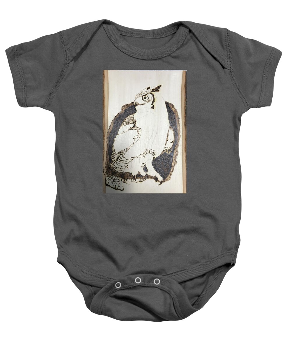Pyrography Baby Onesie featuring the pyrography Pre-Great Horned Owl by Terry Frederick