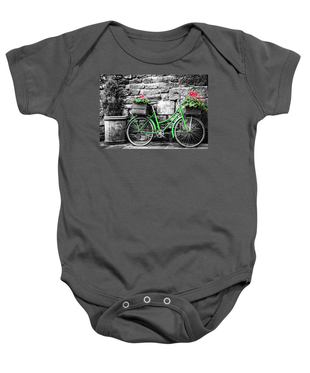 Europe Baby Onesie featuring the photograph Green bicycle with flowers by Alexey Stiop