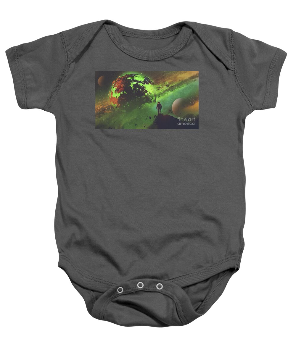 Exploration Baby Onesie featuring the painting Green planet by Tithi Luadthong