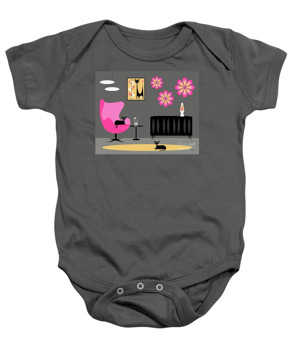 Mid Century Cat Baby Onesie featuring the digital art Groovy Pink Yellow and Gray Room by Donna Mibus