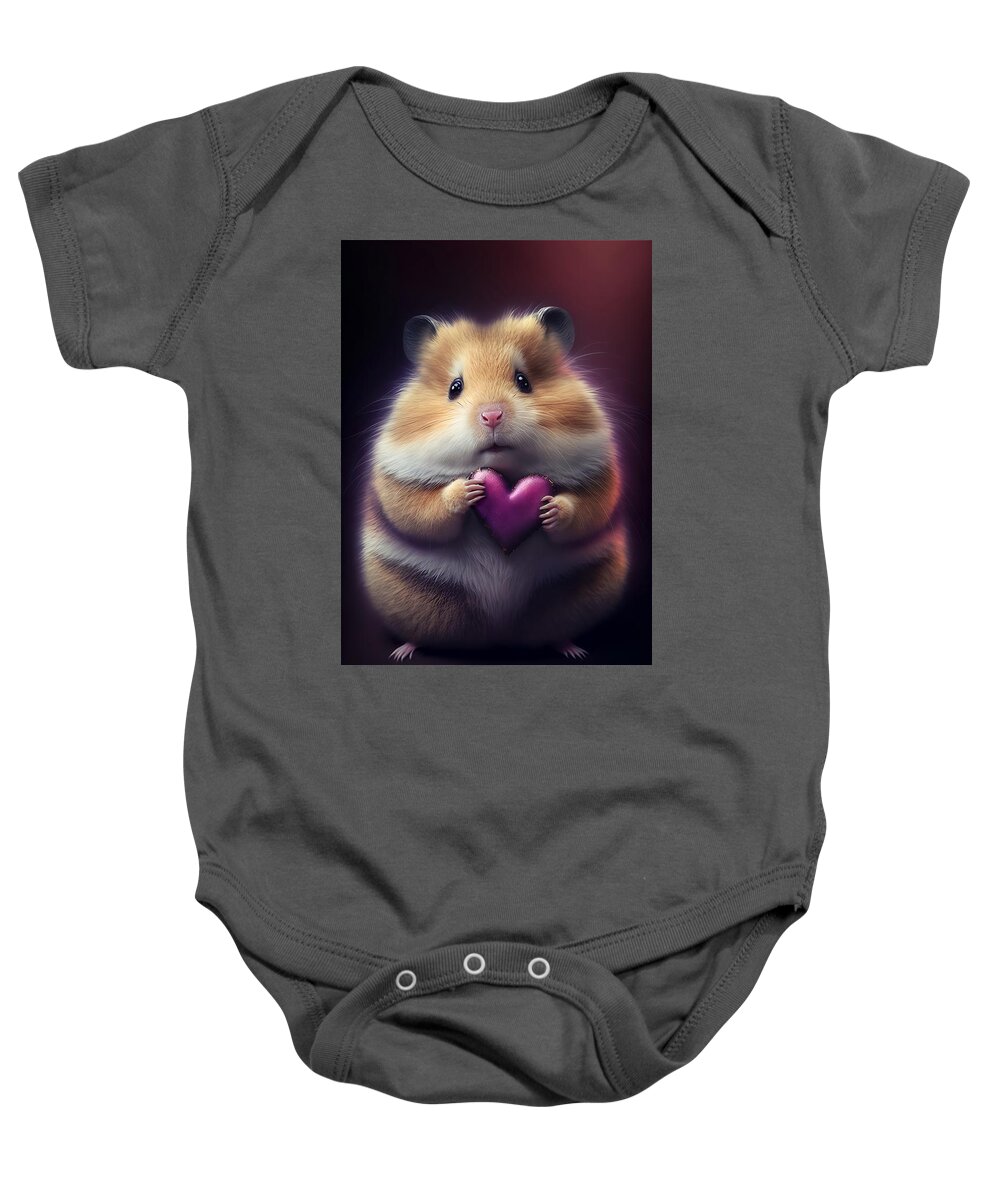 Hamster With Heart Baby Onesie featuring the mixed media Hamster with Heart by Lilia S