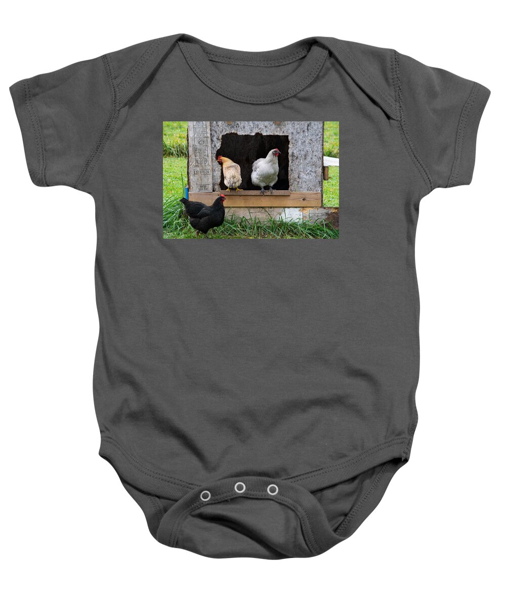 Hen Baby Onesie featuring the photograph On the Stoop of the Coop by Bonny Puckett